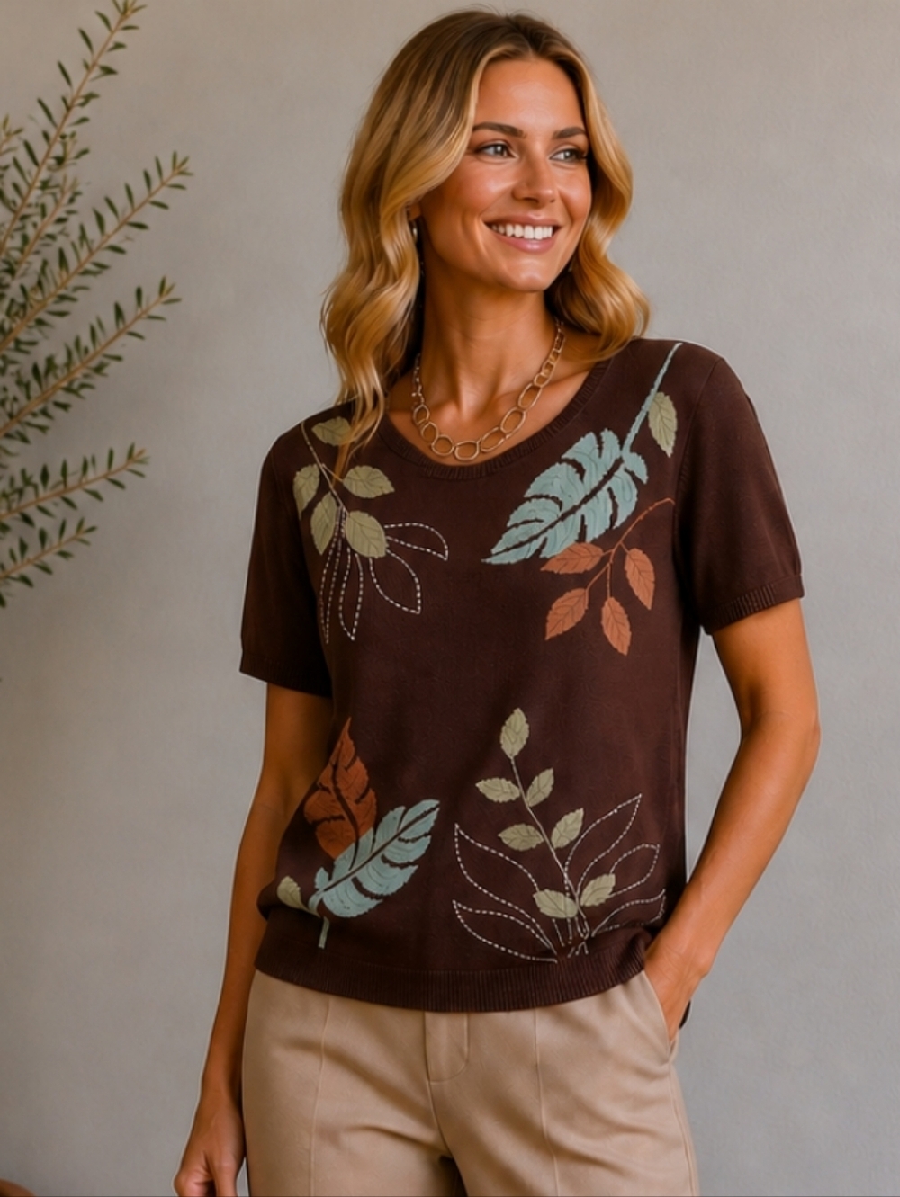 Alfred Dunner Brown Short-Sleeve Embroidered Leaf-Print Knit Top